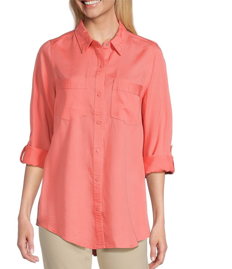 イントロ レディース トップス シャツ Intro Long Roll-Tab Sleeve Button Front Slub Lyocell Shirt Shell Pink ピンク