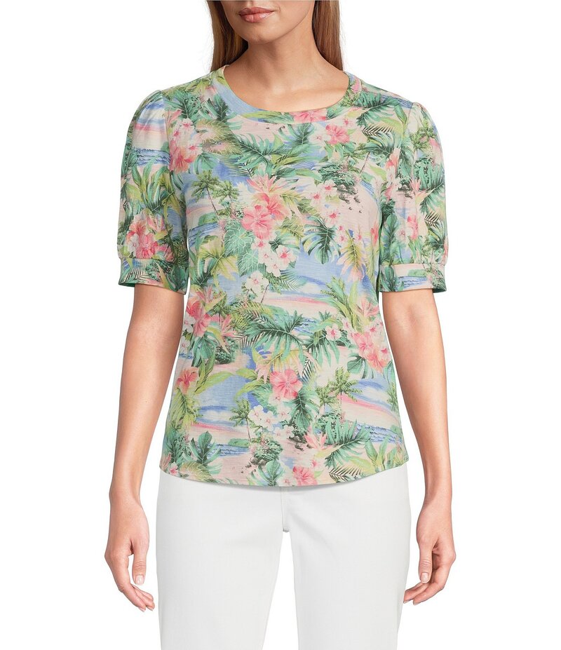 【送料無料】 トッミーバハマ レディース シャツ トップス Ashby Isles Ocean Vida Tropical Printed Slub Rib V-Neck Short Puff Sleeve Top Malibu Peach