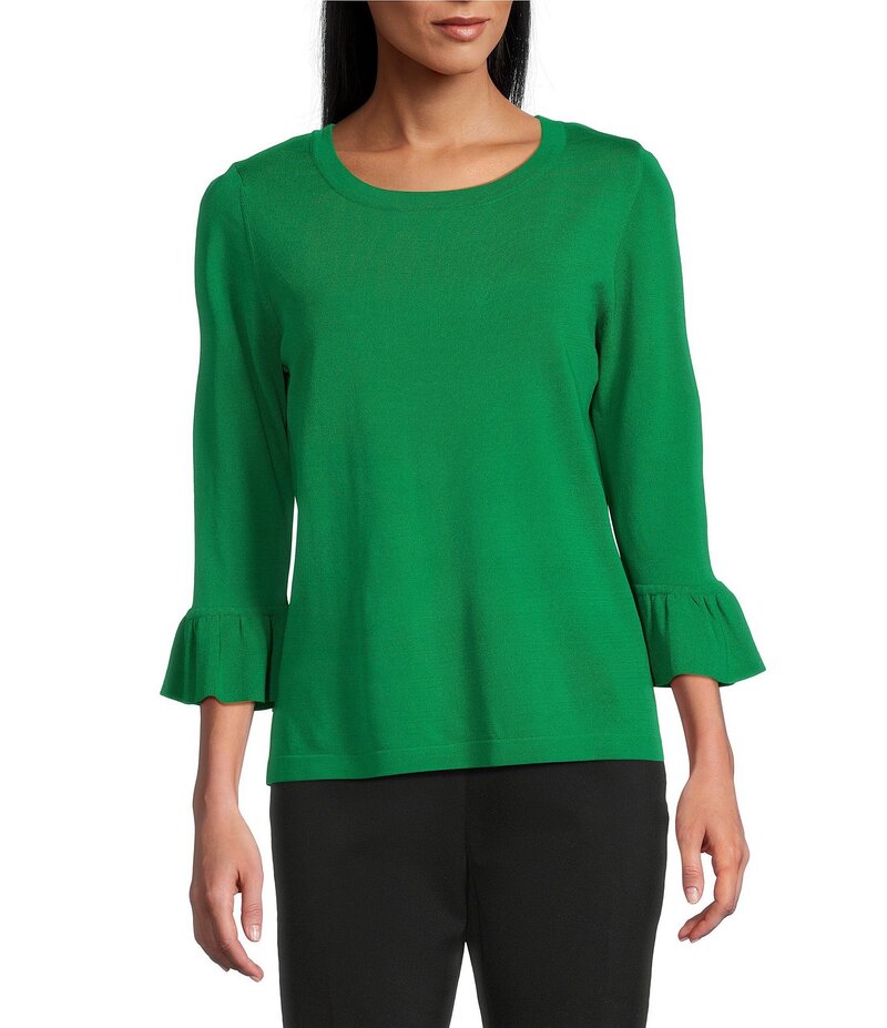 【送料無料】 インベストメンツ レディース シャツ トップス 3/4 Flounce Sleeve Crew Neck Top Green Tambourine