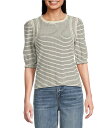 【送料無料】 デモクラシー レディース シャツ トップス Knit Stripe Crochet Contrast Trim Crew Neck Elbow Sleeve Top Navy/Off White(4)