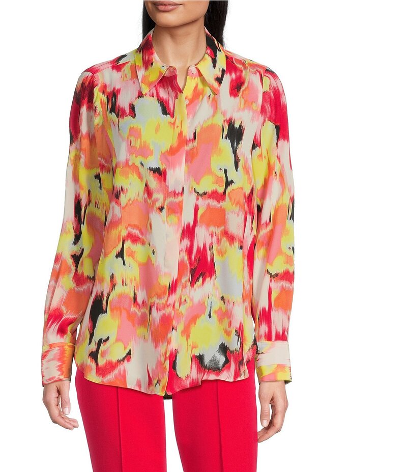 【送料無料】 ダナキャラン レディース シャツ トップス DKNY By Donna Karan Roll Tab Sleeve Button Front Shirt Watermelon Multi