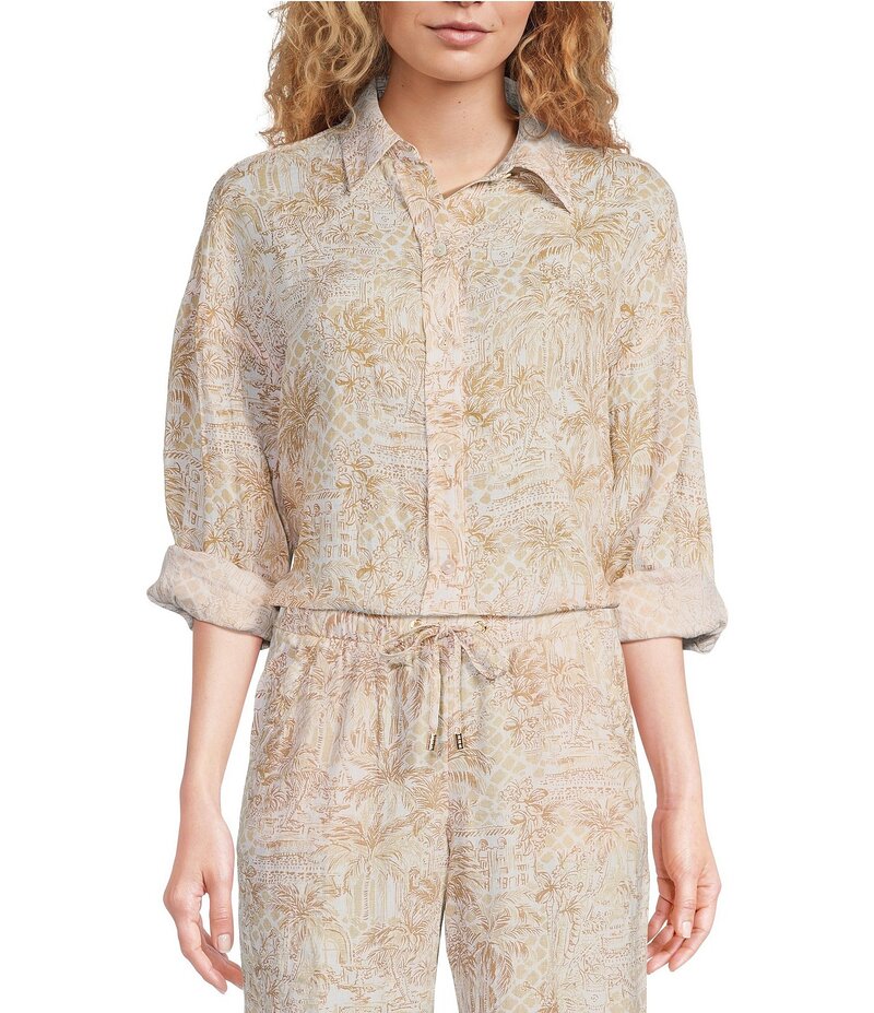 【送料無料】 リリーピュリッツァー レディース シャツ トップス Stevey Relax Woven Linen Sand Bar Palm Beach Print Point Collar Long Sleeve Button Down Coordinating Shirt Sand Bar