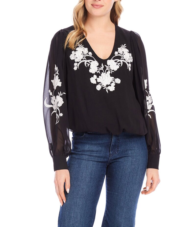 【送料無料】 カレンケーン レディース シャツ トップス Floral Embroidered V-Neck Long Sleeve Blouson Top Black/Ivory