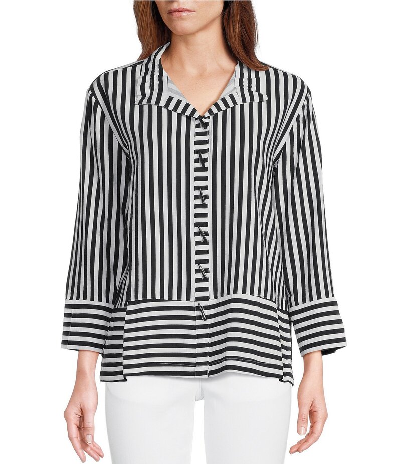 【送料無料】 マルチプルズ レディース シャツ トップス Yarn-Dye Stripe Wire Collar 3/4 Turn-Up Cuff Sleeve Button-Front Shirt Midnight