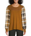 【送料無料】 マルチプルズ レディース パーカー・スウェット フーディー アウター Mixed-Media Scalloped Neck Long Plaid ...