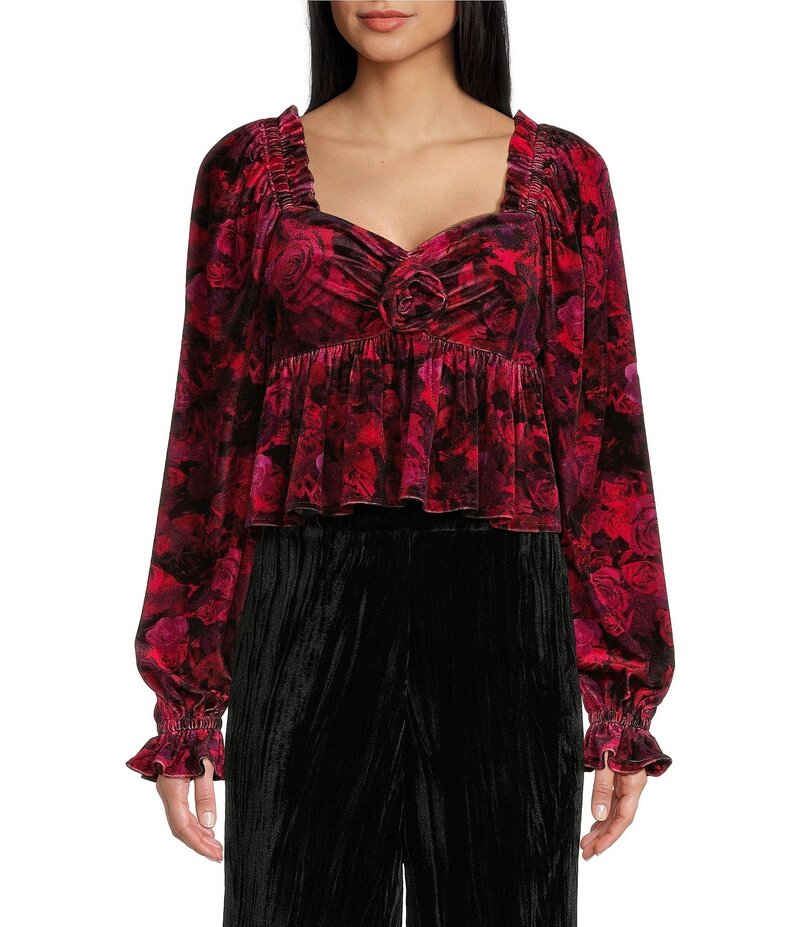 【送料無料】 チェルシーアンドバイオレット レディース シャツ ブラウス トップス V-Neck Long Sleeve Velvet Rosette Blouse Multi Crimson