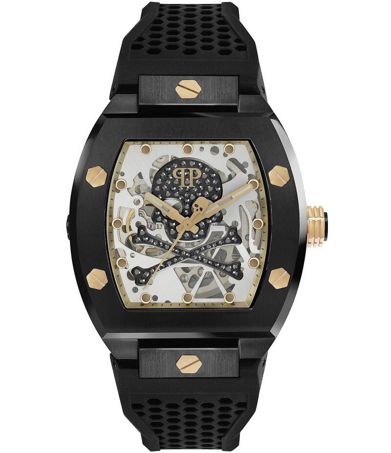【送料無料】 フィリッププレイン レディース 腕時計 アクセサリー Men's The Skeleton Automatic Grey Dial Black Silicone Strap Watch Black