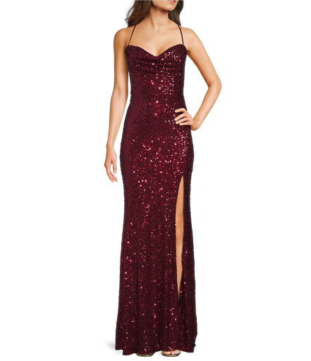 【送料無料】 ビーダーリン レディース ワンピース トップス Sequin Cowl Neck Cross Back Side Slit Long Dress Wine 【送料無料】 ビーダーリン レディース ワンピース トップス Sequin Cowl Neck Cross Back Side Slit Long Dress Wine