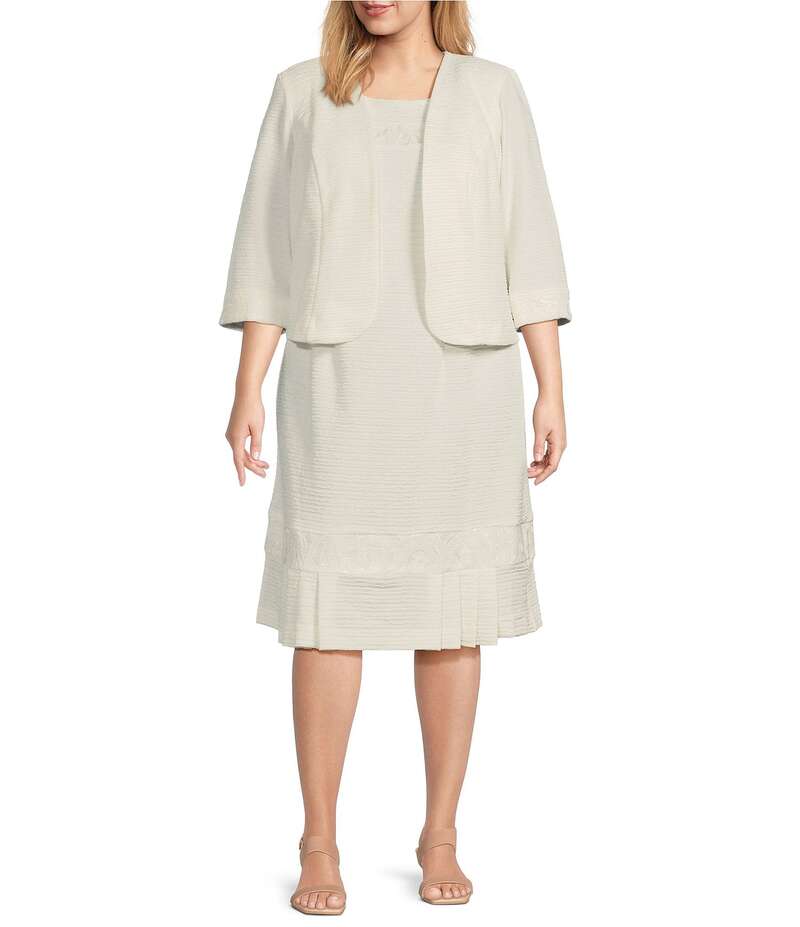 【送料無料】 ルボ レディース ワンピース トップス Plus Size 3/4 Sleeve Round Neck Embroidered Flounce Hem 2-Piece Jacket Dress White
