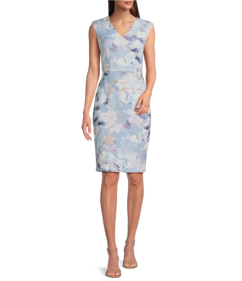 【送料無料】 カルバンクライン レディース ワンピース トップス V-Neck Floral Print Scuba Sheath Dress Serene Multi