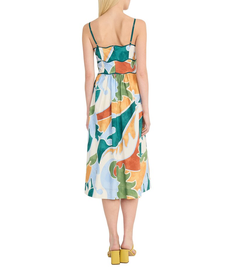 【送料無料】 ドナモーガン レディース ワンピース トップス Poplin Multi Print Square Neck Sleeveless Scalloped Trim Midi Dress Blue/Green