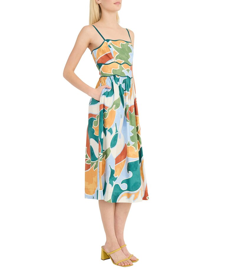 【送料無料】 ドナモーガン レディース ワンピース トップス Poplin Multi Print Square Neck Sleeveless Scalloped Trim Midi Dress Blue/Green