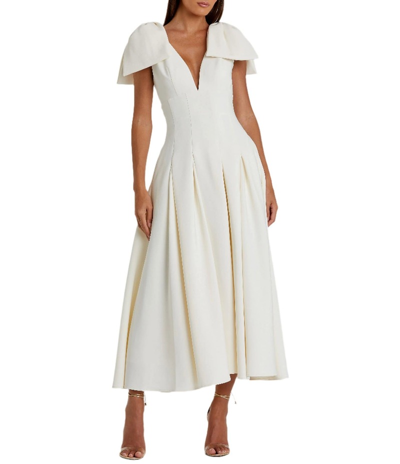 【送料無料】 マックダガル レディース ワンピース トップス Double V-Neck Bow Shoulder Crepe Pleated A-Line Tea Length Dress Ivory