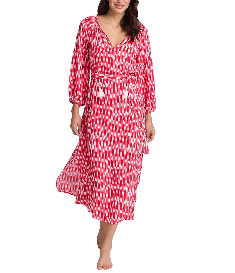 【送料無料】 トッミーバハマ レディース ワンピース トップス Ikat Stripe V-Neck 3/4 Sleeves Midi Dress Swim Cover-Up Red Hibiscus
