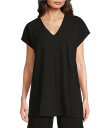 【送料無料】 エイリーンフィッシャー レディース カットソー トップス Crinkle Jersey V-Neck Short Sleeve Top Black
