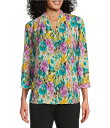 【送料無料】 インベストメンツ レディース シャツ トップス Petite Size Caroline Signature Ikat Garden V-Neck 3/4 Sleeve Button Front Top Ikat Garden
