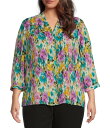 【送料無料】 インベストメンツ レディース シャツ トップス Plus Size Caroline Signature Ikat Garden V-Neck 3/4 Sleeve Button Front Top Ikat Garden