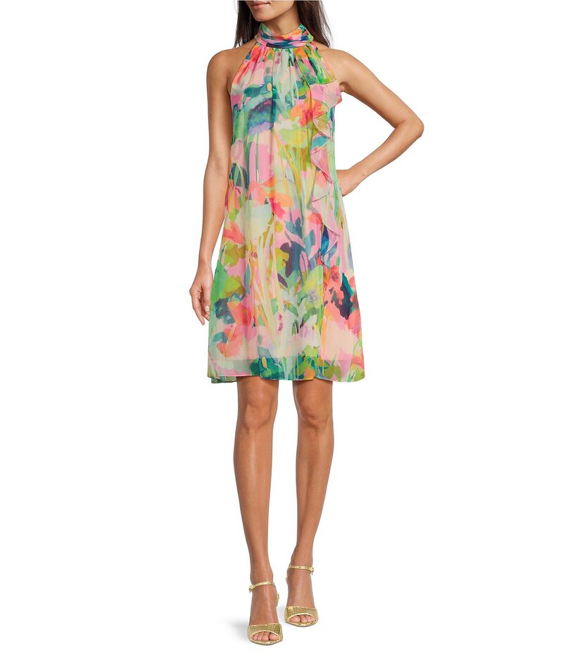 【送料無料】 アドリアナ パペル レディース ワンピース トップス Petite Size Mock Neck Abstract Floral Chiffon Shift Dress Pink Multi