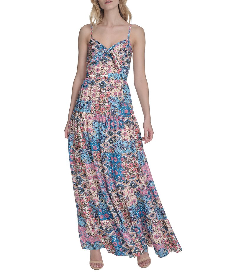 【送料無料】 エリザジェイ レディース ワンピース トップス Sweetheart Tie Front Patchwork Print Crepe De Chine Maxi Dress Multi