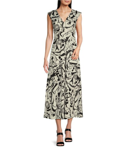 【送料無料】 カール ラガーフェルド レディース ワンピース トップス Sateen Printed V-Neck Sleeveless A-Line Midi Dress Soft White Combo 【送料無料】 カール ラガーフェルド レディース ワンピース トップス Sateen Printed V-Neck Sleeveless A-Line Midi Dress Soft White Combo
