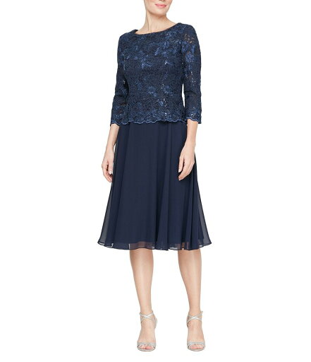 【送料無料】 アレックスイブニングス レディース ワンピース トップス Petite Size Embroidered Boat Neck 3/4 Sleeve A-Line Midi Dress Navy 【送料無料】 アレックスイブニングス レディース ワンピース トップス Petite Size Embroidered Boat Neck 3/4 Sleeve A-Line Midi Dress Navy