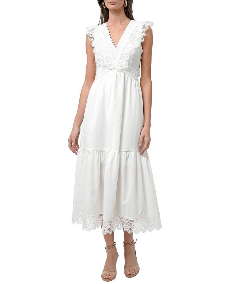 【送料無料】 アドレイン ラエ レディース ワンピース トップス Adaline Lace Woven V Neck Sleeveless A-line Midi Dress White