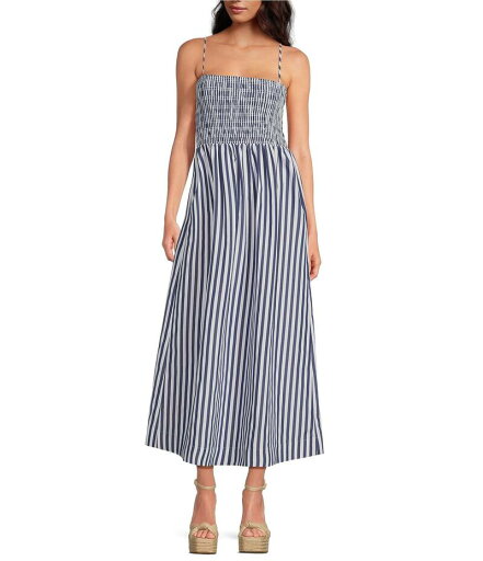 【送料無料】 ジャンビニ レディース ワンピース トップス Renee Stripe Smocked Square Neck Dress White/Blue 【送料無料】 ジャンビニ レディース ワンピース トップス Renee Stripe Smocked Square Neck Dress White/Blue