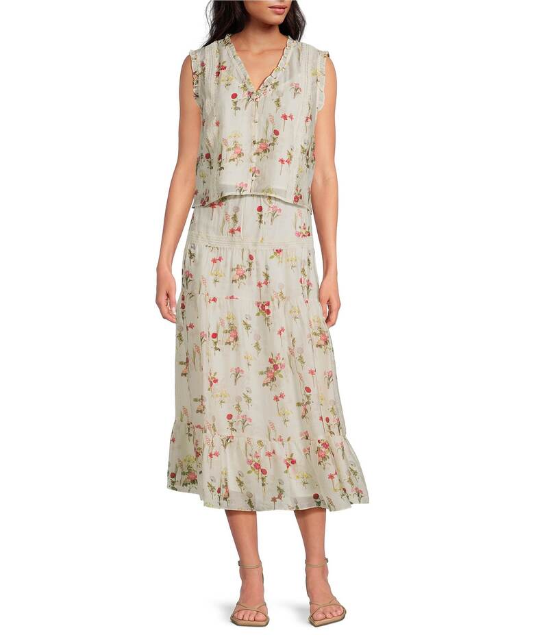 【送料無料】 ルーシーパリ レディース スカート ボトムス Olivia Floral Print Tiered Hem Coordinating Midi Skirt Ivory Floral