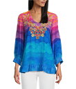 【送料無料】 ジョン マーク レディース シャツ トップス Embroidered Split V-Neck 3/4 Sleeve Hi-Low Hem Tunic Tie Dye Multi(4)
