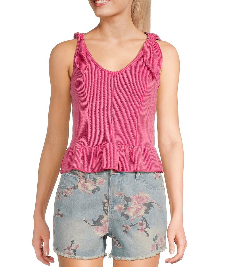 【送料無料】 モアモア レディース シャツ トップス Sleeveless Tie Shoulder Rib Knit Tank Top Hot Pink