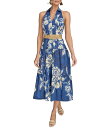 【送料無料】 ダナキャラン レディース ワンピース トップス V-Neck Belted A-Line Midi Dress Blue Multi(4)