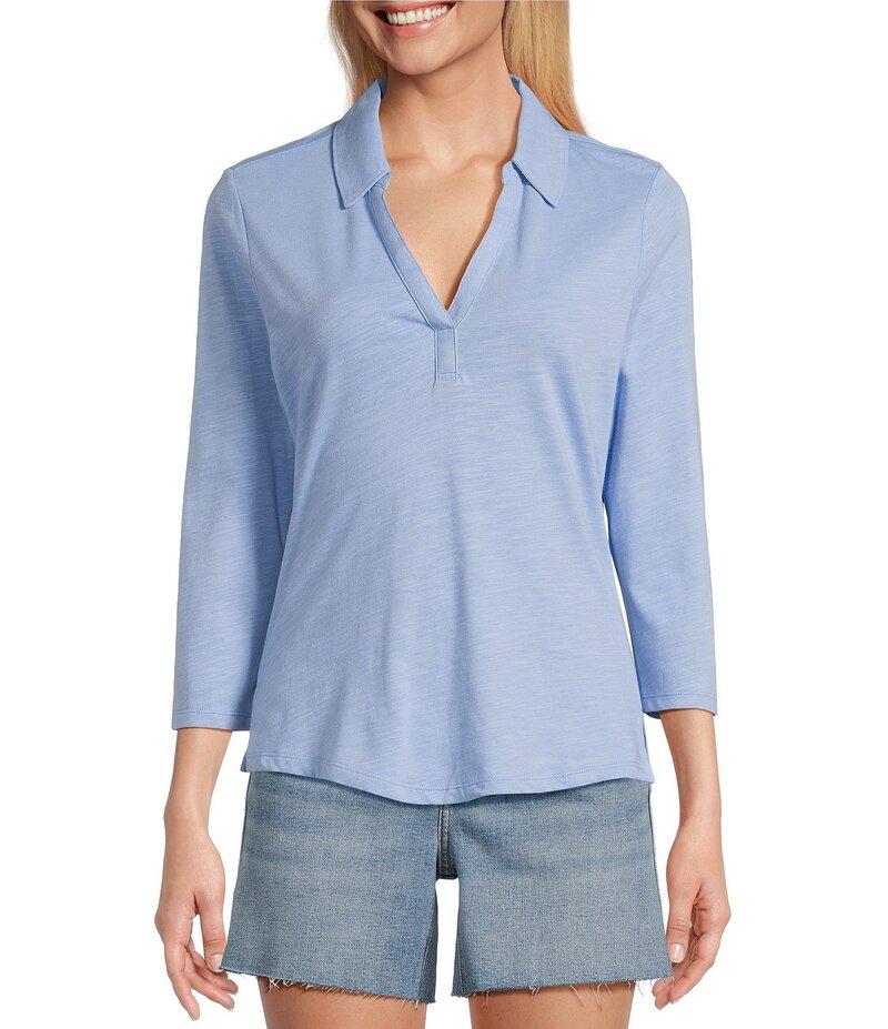 【送料無料】 トッミーバハマ レディース シャツ トップス Ashby Isles Solid Stretch Jersey Johnny Collar V-Neck 3/4 Sleeve Fitted Top Light Sky