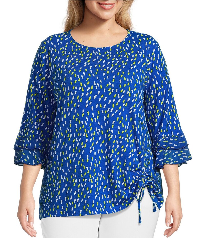 【送料無料】 マルチプルズ レディース シャツ トップス Plus Size Slub Knit Georgette Dot Print Boat Neck 3/4 Sleeve Fitted Ruched Side Drawstring Top Dot Multi