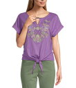 【送料無料】 アリソン デイリー レディース シャツ トップス Embroidered Cap Sleeve Keyhole Neck Tie Front Kn...