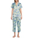 【送料無料】 カベルネ レディース ナイトウェア アンダーウェア Satin Floral Short Sleeve Button Front Notch Collar Capri Pajama Set Cloud Floral(4)