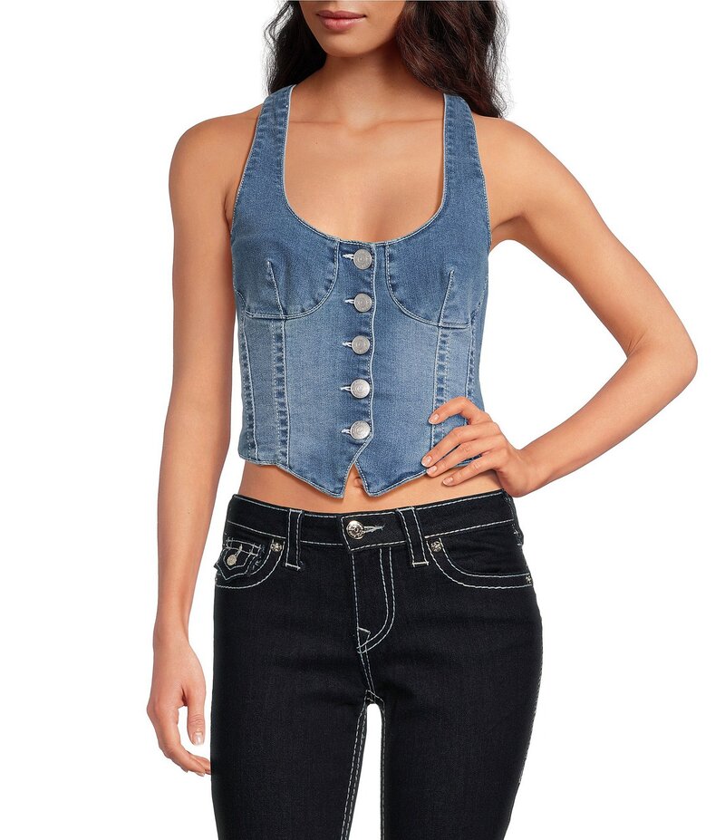 ReVida ŷԾŹ㤨֥ȥ롼ꥸ ǥ ȥåץ  ǥ˥ True Religion Stretch Denim Scoop Neck Button Front Corset Top Royal Indigo ǥפβǤʤ7,480ߤˤʤޤ