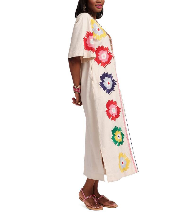 【送料無料】 フランセスバレンタイン レディース ワンピース トップス Charming Fireflower Print Split U-Neck Short Sleeve Caftan Maxi Dress Oyster/Multi