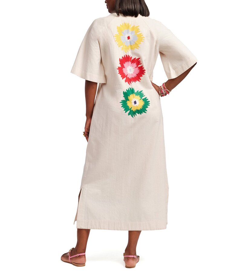 【送料無料】 フランセスバレンタイン レディース ワンピース トップス Charming Fireflower Print Split U-Neck Short Sleeve Caftan Maxi Dress Oyster/Multi