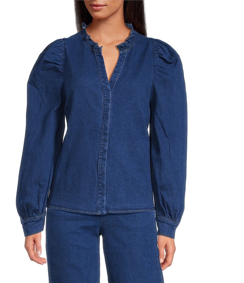 ̵ 奬åץ ǥ  ȥåץ Jamie Stretch Denim Ruffle Split Neck P...