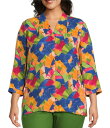 【送料無料】 インベストメンツ レディース シャツ トップス Plus Size Caroline Signature Leafy Sketch V-Neck 3/4 Sleeve Button Front Top Leafy Sketch