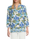 【送料無料】 インベストメンツ レディース シャツ トップス Petite Size Caroline Signature Stamped Hibiscus V-Neck 3/4 Sleeve Button Front Blouse Stamped Hibiscus
