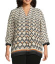 【送料無料】 インベストメンツ レディース シャツ トップス Plus Size Caroline Signature Diamond Border V-Neck 3/4 Sleeve Button Front Top Diamond Border