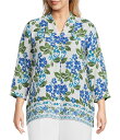 【送料無料】 インベストメンツ レディース シャツ トップス Plus Size Caroline Signature Stamped Hibiscus V-Neck 3/4 Sleeve Button Front Top Stamped Hibiscus