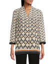 【送料無料】 インベストメンツ レディース シャツ トップス Caroline Signature Diamond Border V-Neck 3/4 Sleeve Button-Front Top Diamond Border