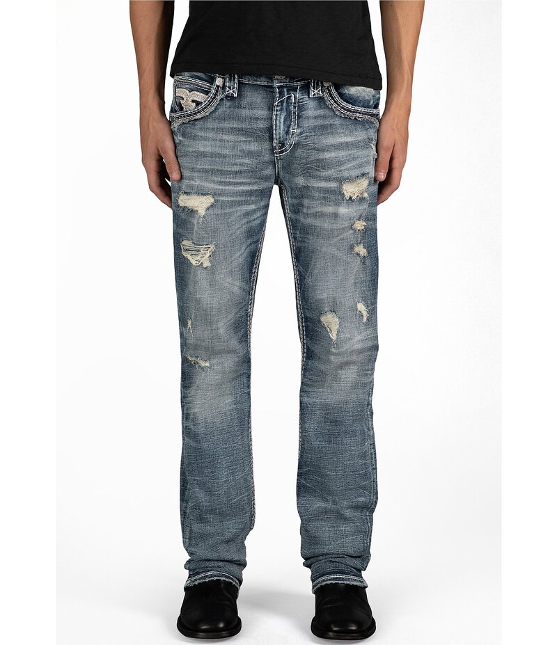 【送料無料】 ロックリバイバル メンズ デニムパンツ ボトムス Braylon Straight Leg Oversized-Fleur-De-Lis-Embroidered-Pocket Jeans Blue