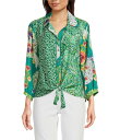 【送料無料】 ジョン マーク レディース シャツ トップス Woven Floral Leaf Print Point Collar 3/4 Sleeve Tie-Front Shirt Green Aqua