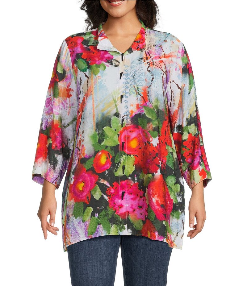 アリ マイルス レディース トップス カットソー フラワー柄 プラスサイズ フラワー Ali Miles Plus Size Woven Floral Wire Neck 3/4 Cuff Sleeve Button-Front Tunic Multi Floral マルチカラー(4)