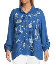【送料無料】 アリ マイルス レディース カットソー トップス Plus Size Woven Novelty Abstract Fish Print Wire Collar 3/4 Roll-Tab Sleeve Button-Front Tunic Denim
