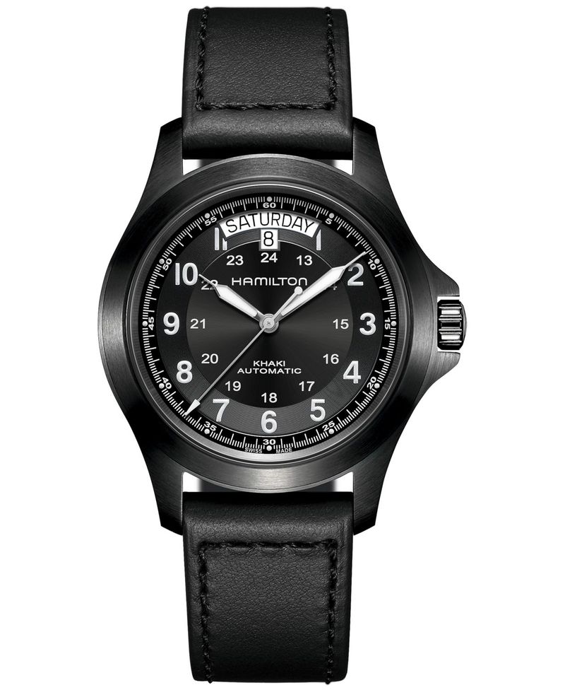 ハミルトン カーキ 腕時計（レディース） ハミルトン レディース 腕時計 アクセサリー Men's Swiss Automatic Khaki Field King Black Leather Strap Watch 40mm Black