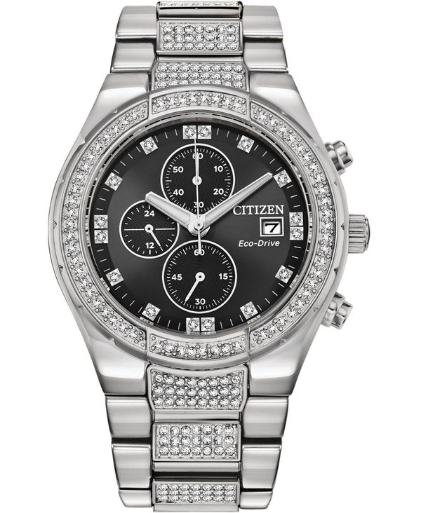   ӻ ꡼ Men's Chronograph Eco-Drive Crystal Stainless Steel Bracelet Watch 42mm Silver-tone